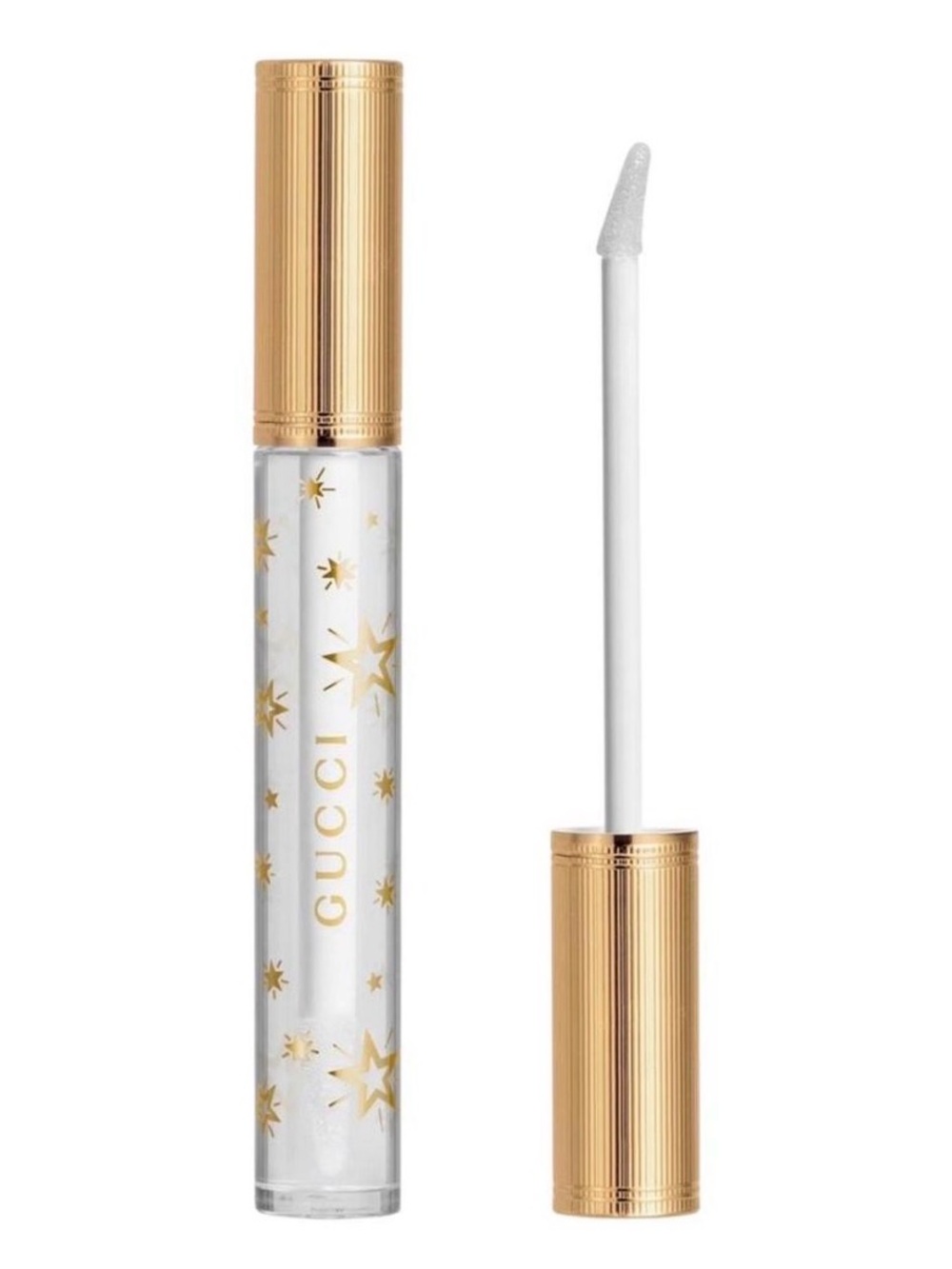 Gucci Clear Plumping Lip Gloss with Gold Star Accents and Gold Cap